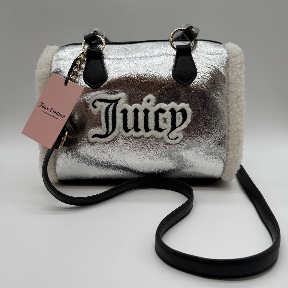 Juicy Couture Silver Barrel Satchel Bag Faux Shearling Sherpa Logo Crossbody NWT